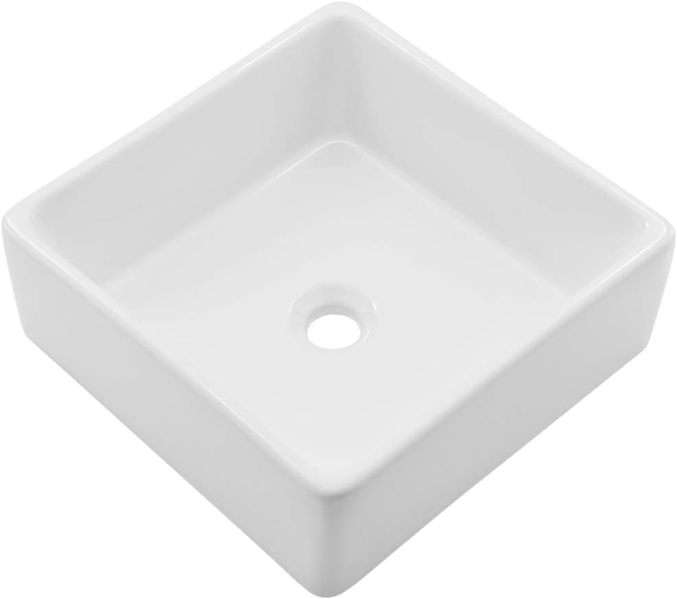 Hovheir White Vessel Sink 15X15 Inch Square Bathroom Sink Above Counter Vanity Basin Countertop Ceramic Sinks White Washing Bowl