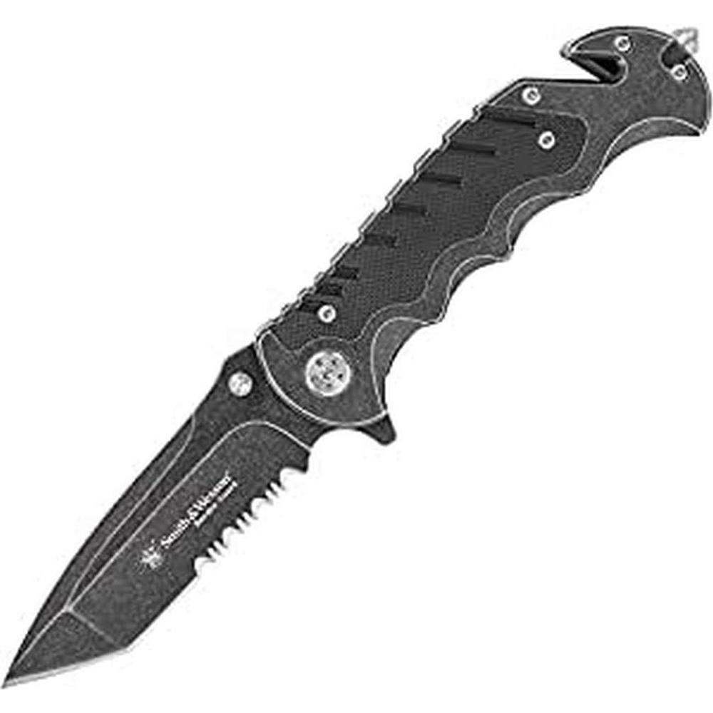Smith & Wesson Border Guard SWBG10S 8.3in High Carbon S.S. Folding Knife with 3.5in Serrated Tanto Blade and Aluminum Handle for Outdoor, Tact