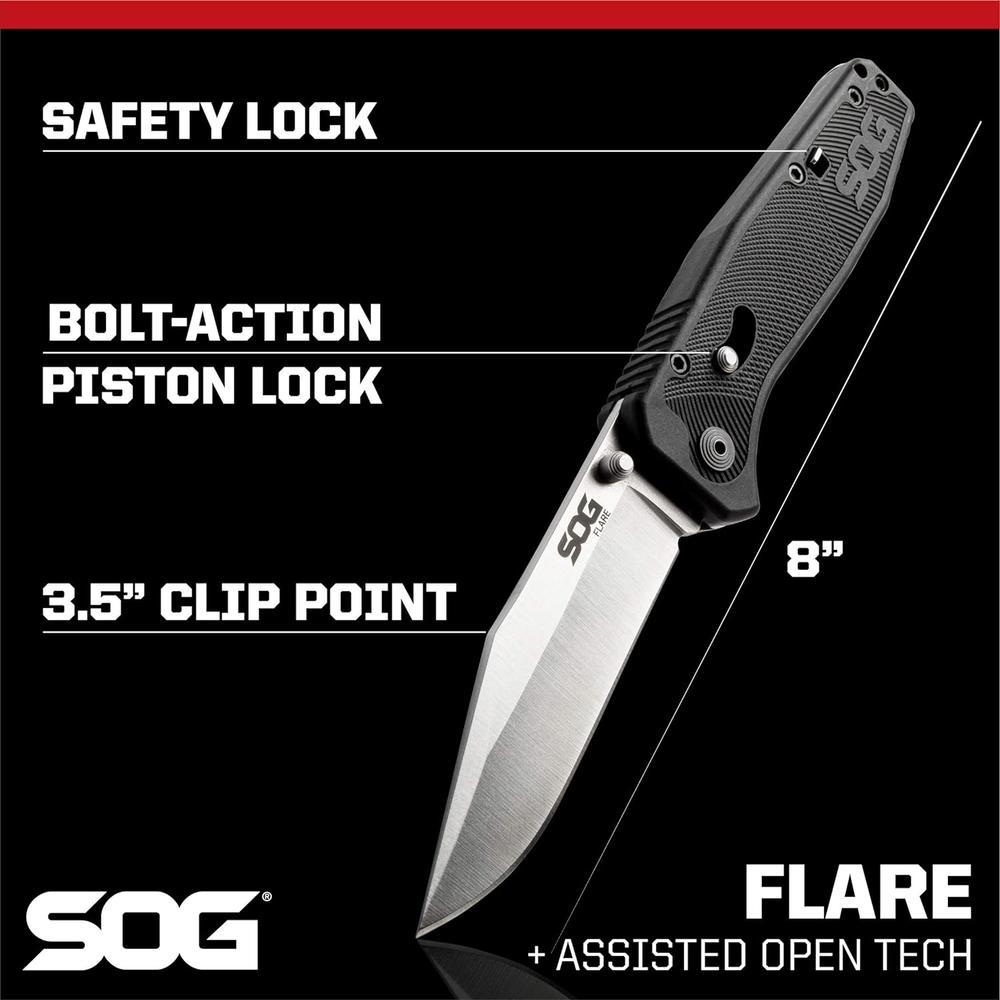 SOG Flare Folding Knife and Pocket Knife Assisted Opening Tech Knife w/ 3.5 Inch Stainless Straight Edge Blade