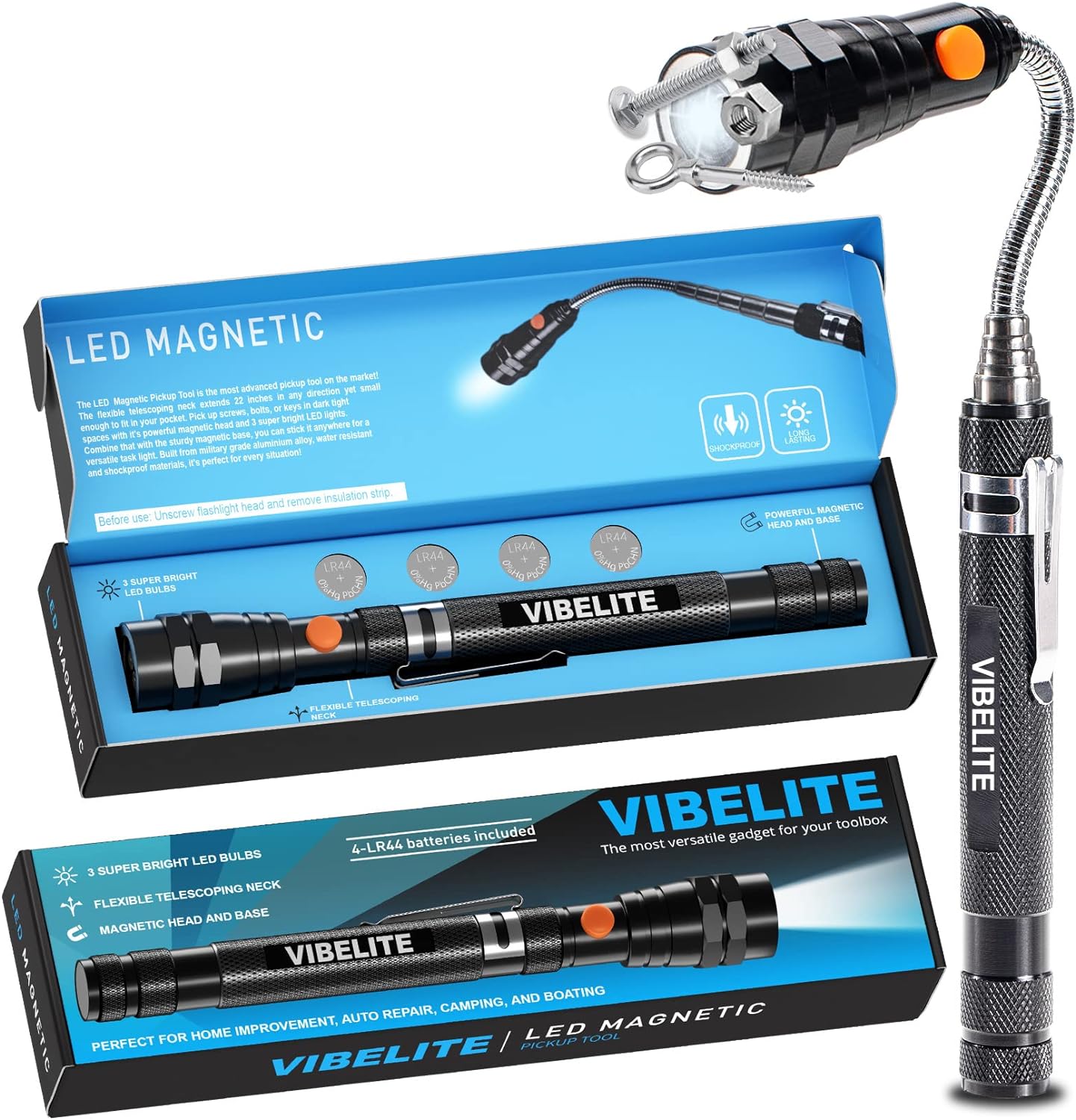 VIBELITE Magnet 3 LED Magnetic Pickup Tool, Telescoping Flexible Extendable Led Flashlights, Perfect Mechanic Pick-up Tools Gifts for Me