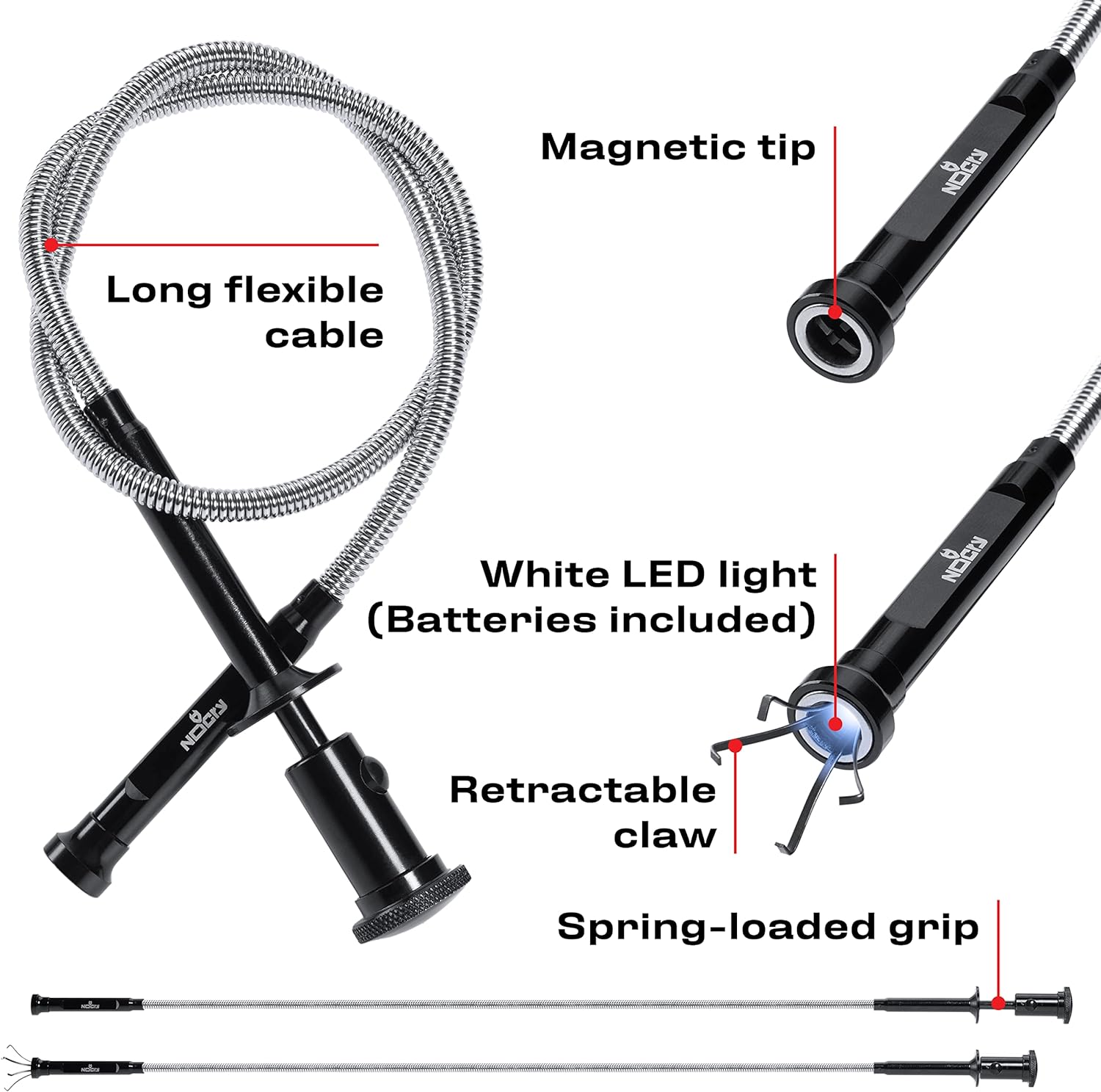Generic NoCry Magnetic 27.7in Grabber Tool with an Extra Long, Flexible Cable; Comes with a Retractable Claw Grabber, Bright LED light