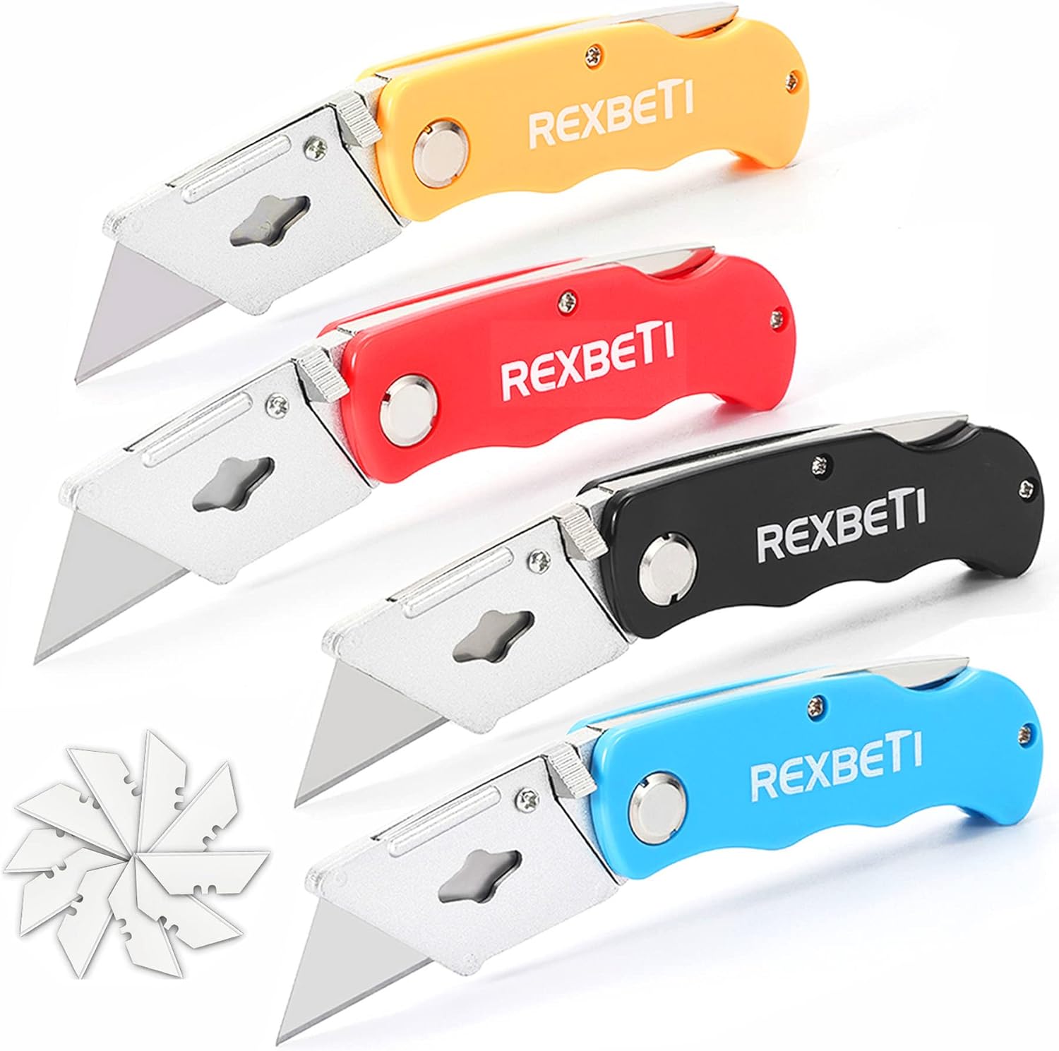 REXBETI 4-Pack Folding Utility Knife Quick-change SK5 Box Cutter for Cartons, Cardboard and Boxes, Back-lock Mechanism with 10 Extra Bl