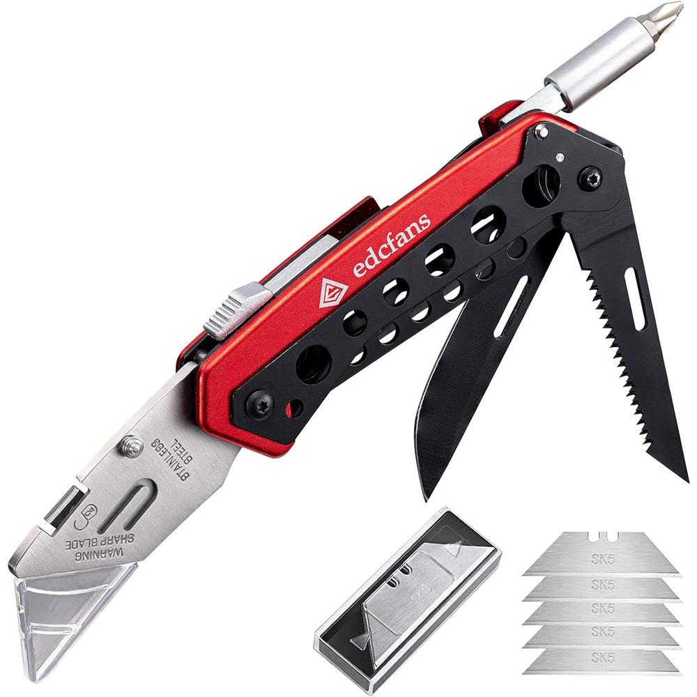 edcfans Folding Utility Knife Box Cutter with 5 Razor Blades, Screwdriver, Saw, Fruit Knife, Lock Design, Pocket Clip and Holder for Be