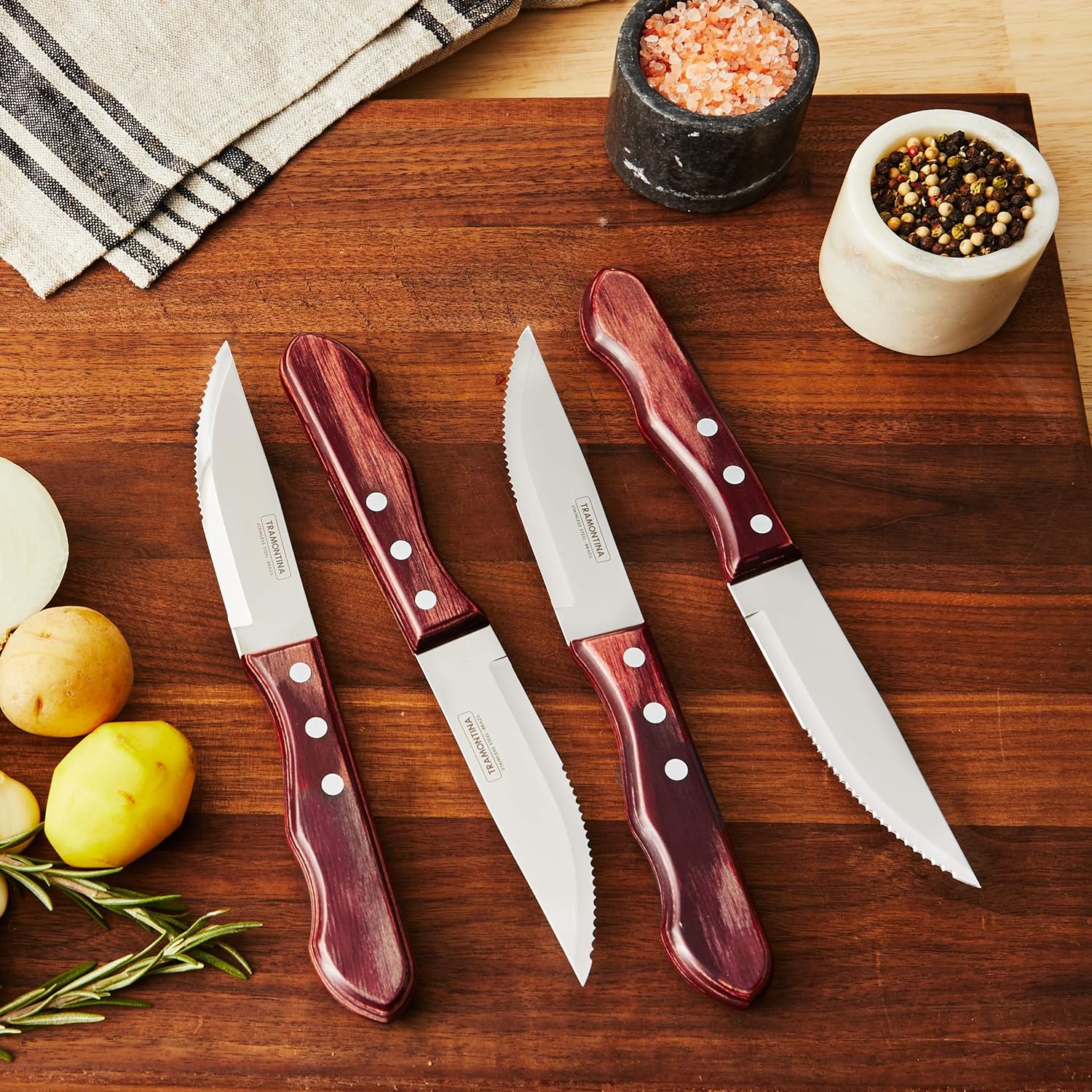 Tramontina P-500DS Porterhouse Stainless Steel 4-Piece Steak Knife Set, Rounded Tip, Polywood Handle, Made in Brazil