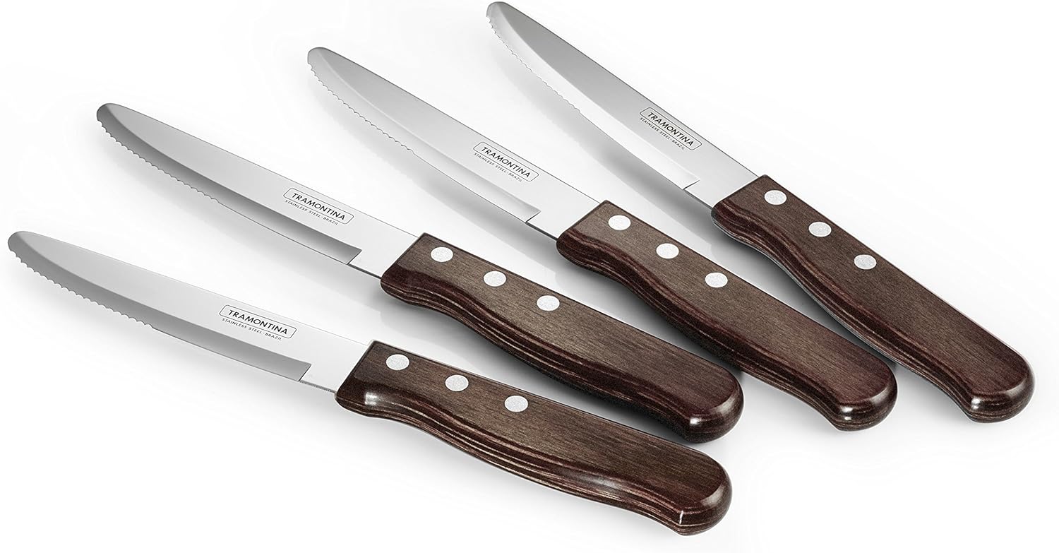 Tramontina P-500DS Porterhouse Stainless Steel 4-Piece Steak Knife Set, Rounded Tip, Polywood Handle, Made in Brazil