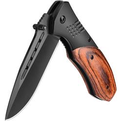 KEXMO Pocket Knife Tactical Knives for Men, 3.46'' Folding Wood Pocket Knife with Clip, wooden handle, Glass Breaker, Best EDC Pocket