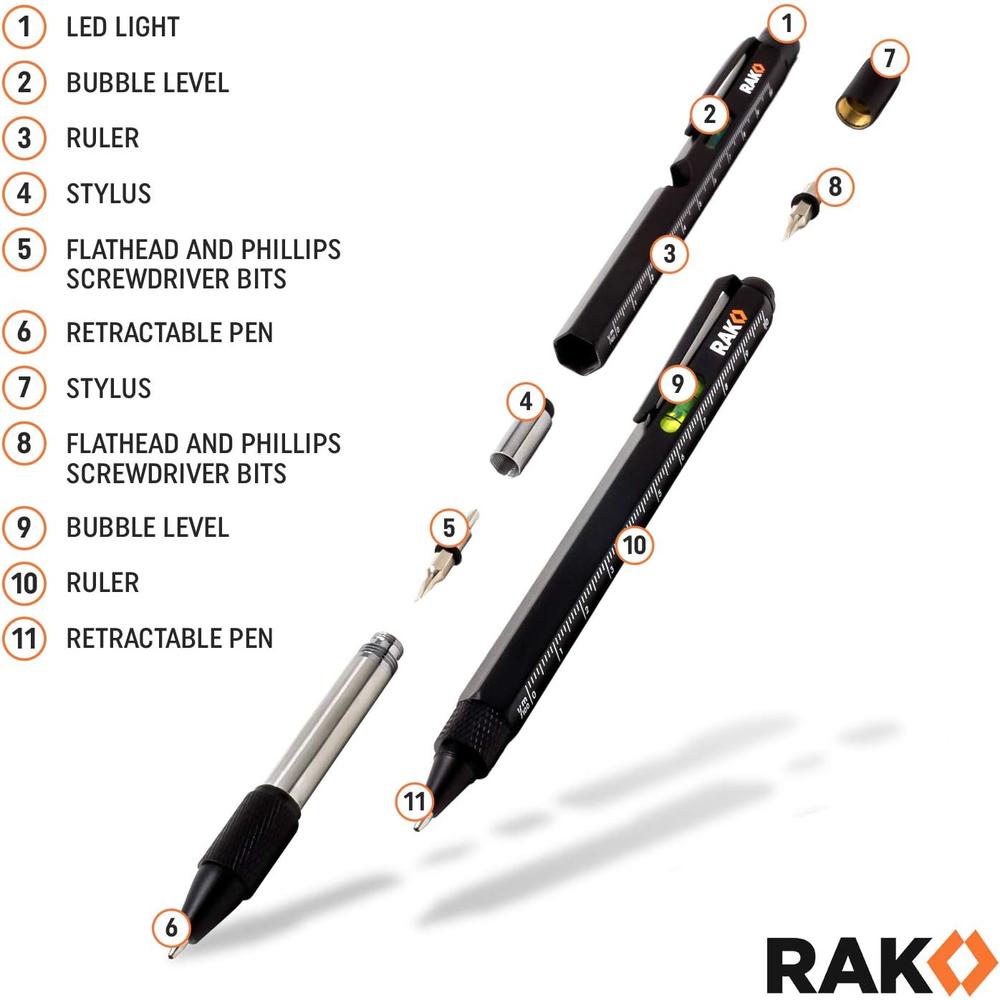 RAK Pro Tools RAK Multi-Tool 2Pc Pen Set - LED Light, Touchscreen Stylus, Ruler, Level, Bottle Opener, Phillips Screwdriver, Flathead, and Ba