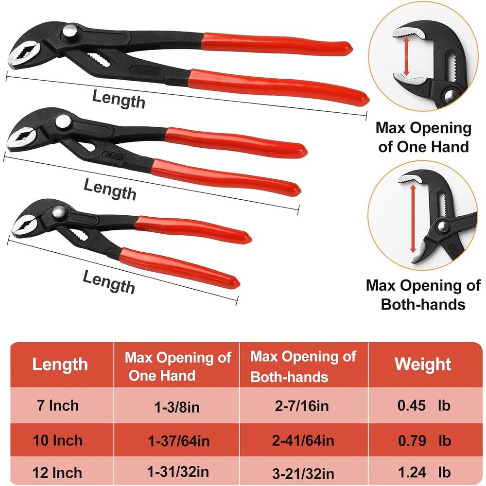 Kowsinde 3-Piece Groove Joint Pliers Set, Adjustable Water Pump Pliers, V-Jaw Tongue and Groove Pliers, 7-inch, 10-inch, 12-inc