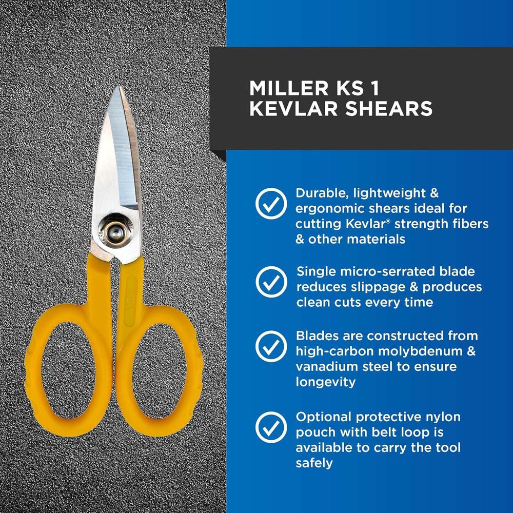 Miller KS-1 Yellow Fiber Optic Kevlar Scissors, Easily Portable Utility Scissors for Working Technicians, Electricians, and Installers