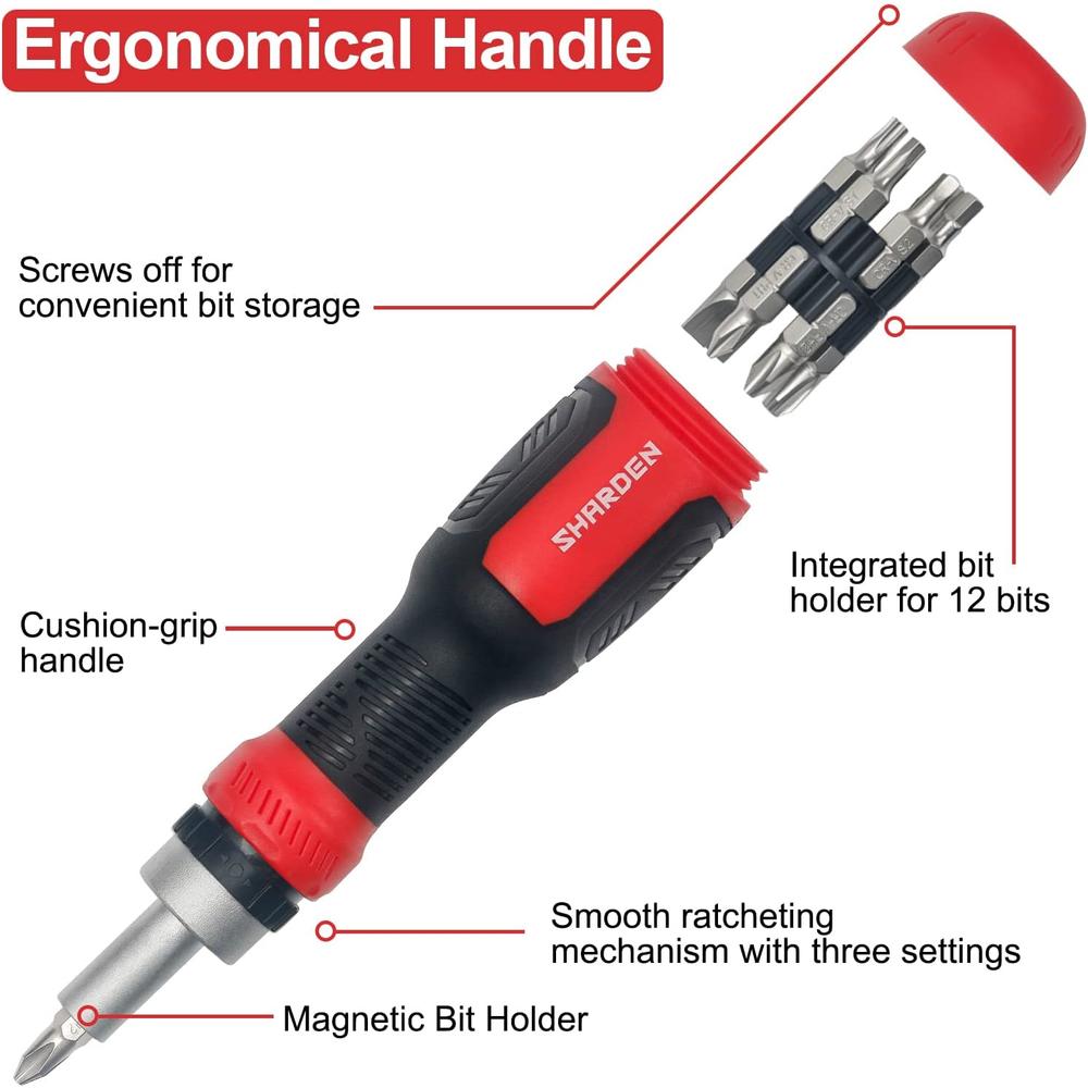 SHARDEN Ratchet Screwdriver 13-in-1 Ratcheting Screwdriver Set Multi Screwdriver Tool All in One with Torx Security, Flat Head,