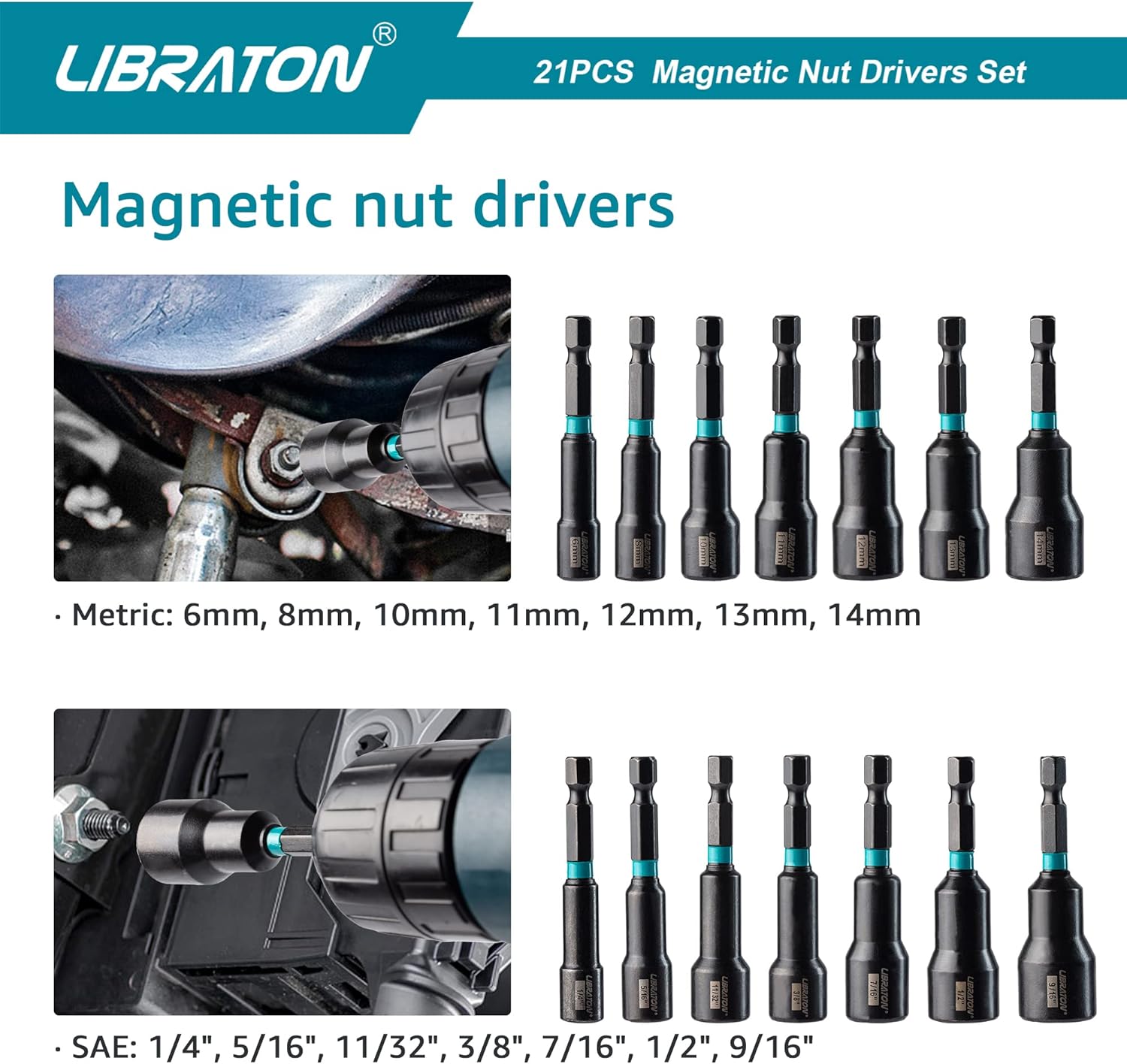 Libraton 21PCS Magnetic Nut Driver Set, Impact Drill Driver Bit Set 1/4", Metric and SAE Nut Driver, Impact Socket Adapter