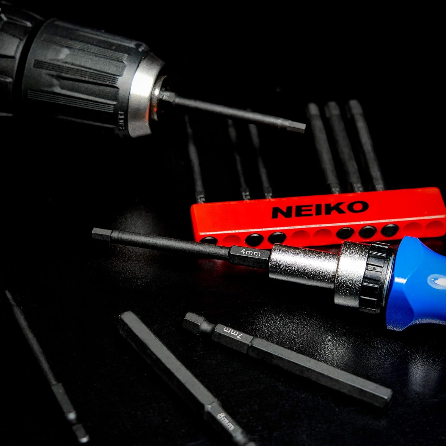 NEIKO 01148A Hex Allen Power Bit Set, 11-Piece Metric Sizes 1.5mm to 8mm | Magnetic Hex Head Bits | 3 Quick Release Shanks | Pr