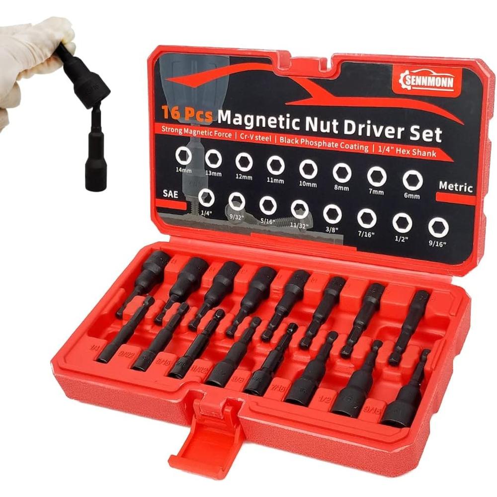 SENNMONN 16-Piece Magnetic Hex Nut Driver Set, 1/4" Hex Shank, Metric and SAE, Cr-V Steel