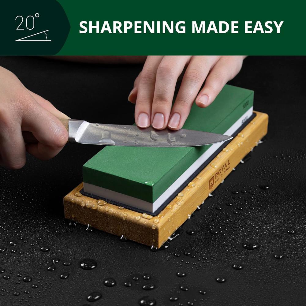 Royal Craft Wood Premium Whetstone Knife Sharpener - 2 Side Grit 1000/6000 Knife Sharpening Wet Stone Kit w/ Sharpening Angle Guide, Non-Slip Ba