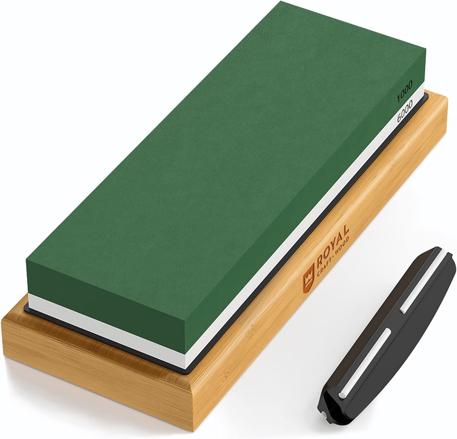 Royal Craft Wood Premium Whetstone Knife Sharpener - 2 Side Grit 1000/6000 Knife Sharpening Wet Stone Kit w/ Sharpening Angle Guide, Non-Slip Ba