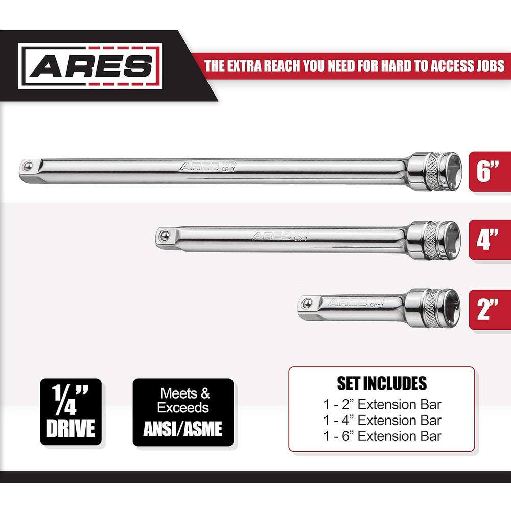 ARES 70243 - 3-Piece 1/4-Inch Drive Socket Extension Set - Includes 2-Inch, 4-Inch and 6-Inch Extensions - Premium Chrome Vanadium S
