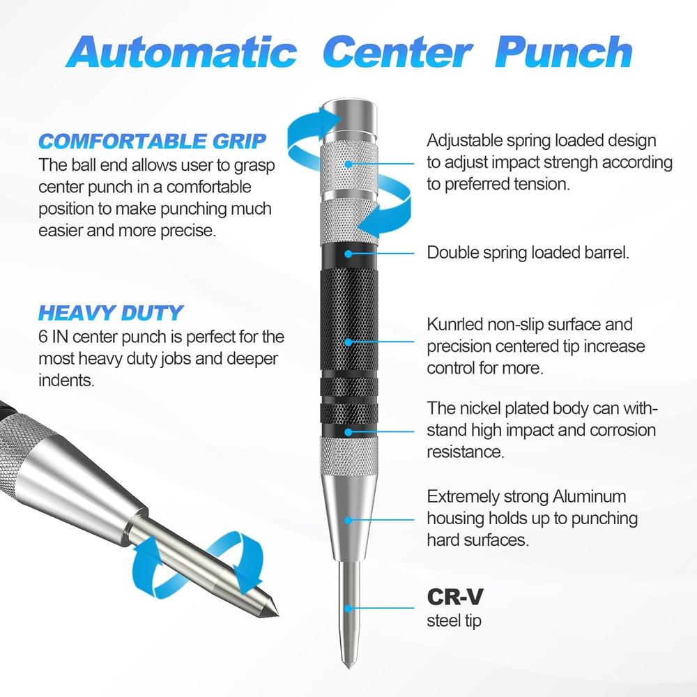 Glieskir 2 Pack Super Strong Automatic Center Punch, 6 inch Heavy Duty Steel Spring Loaded Center Hole Punch with Adjustable Tension Pun