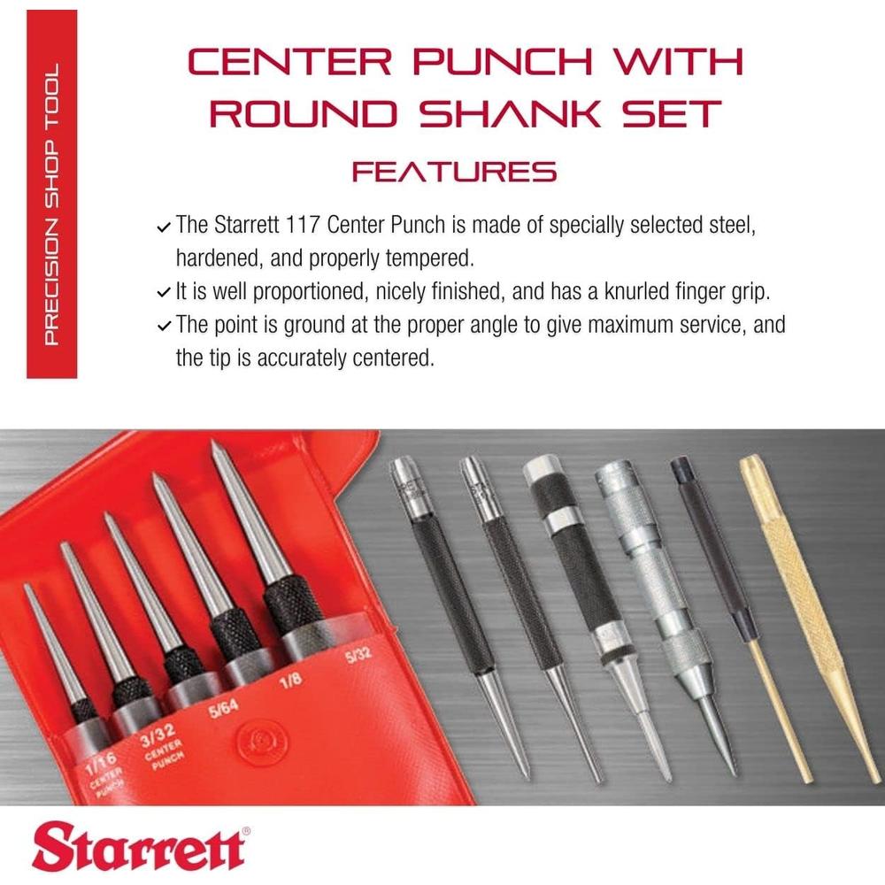 STAKF Starrett Steel Center Punch with Round Shank and Knurled Finger Grip - Hardened and Tempered Steel, 0&#226;&#128;&#