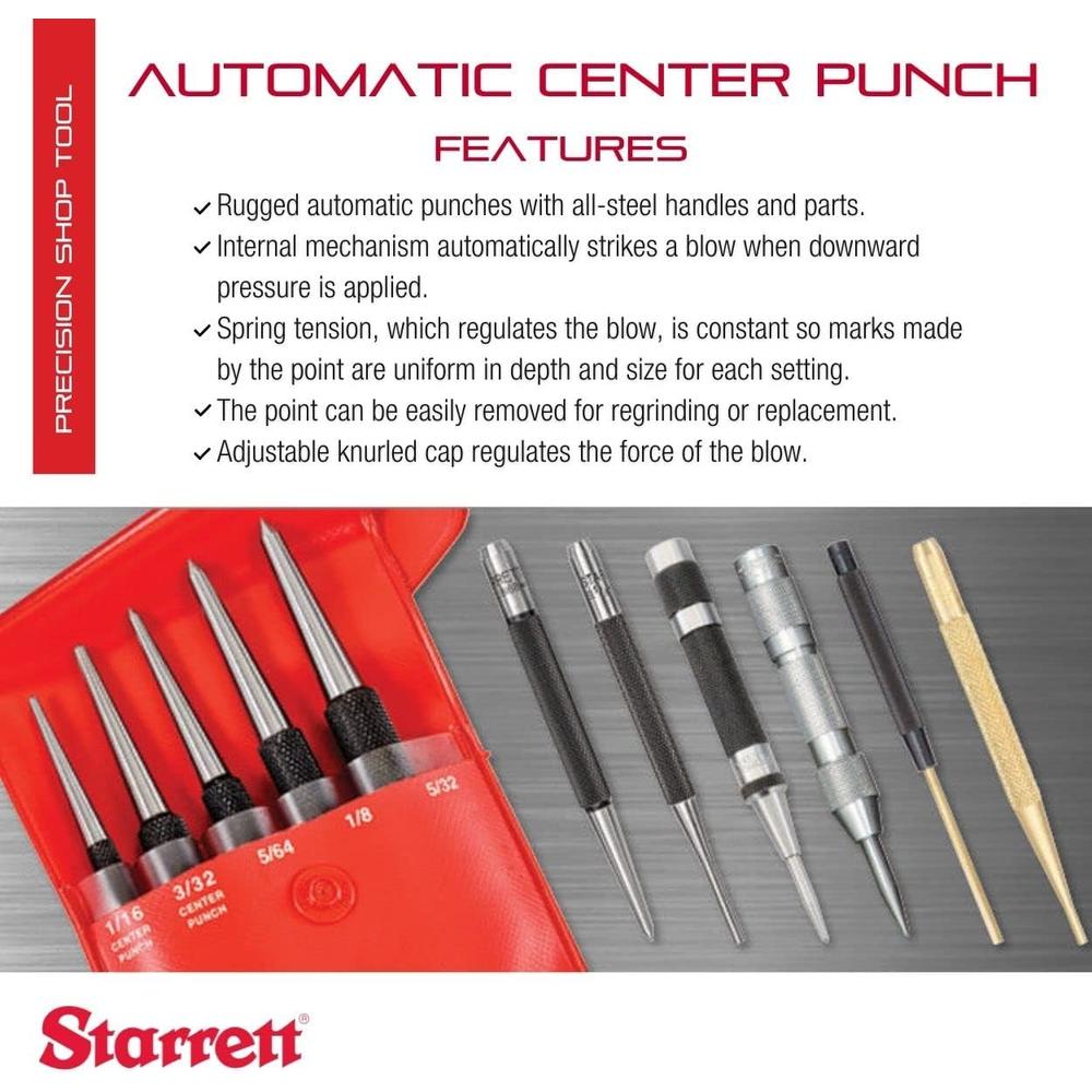 Starrett 18AA Automatic Center Punch with Hardened Steel Metal, Universal Tool for Machinists and Carpenters with Adjustable Knurled Cap