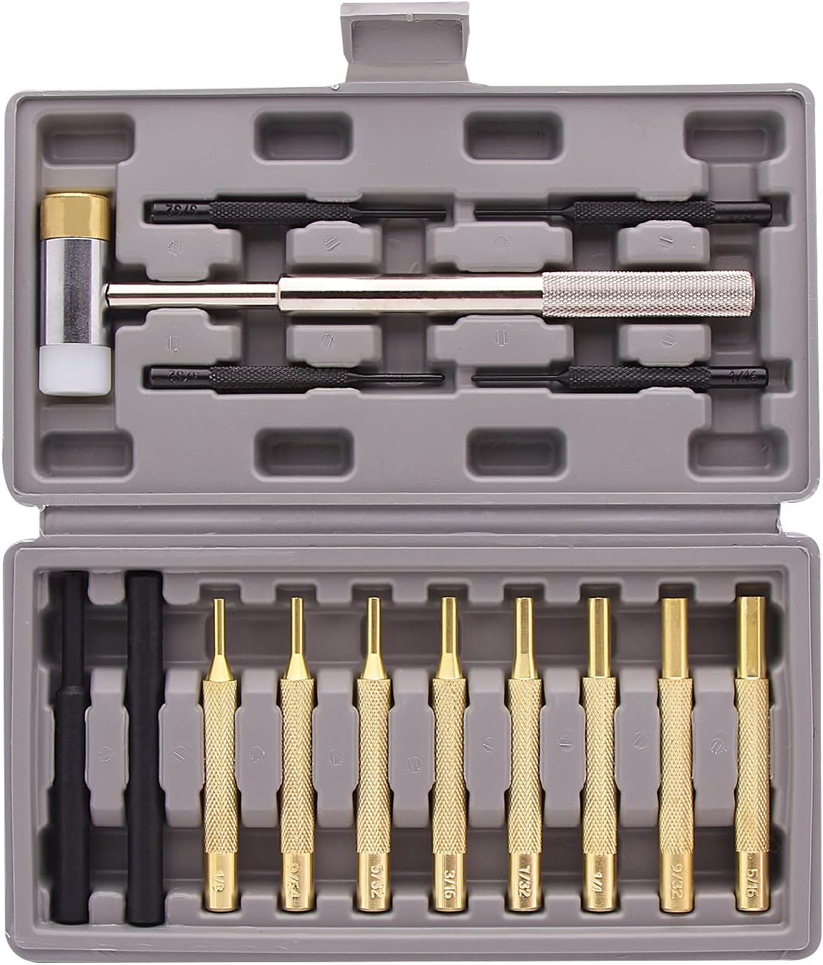 HUROFE Roll Pin Punch Set,15pcs Roll Pin Punch Set and Hammer with Brass, Steel, Plastic Punches and brass/Polymer heads hammers In St