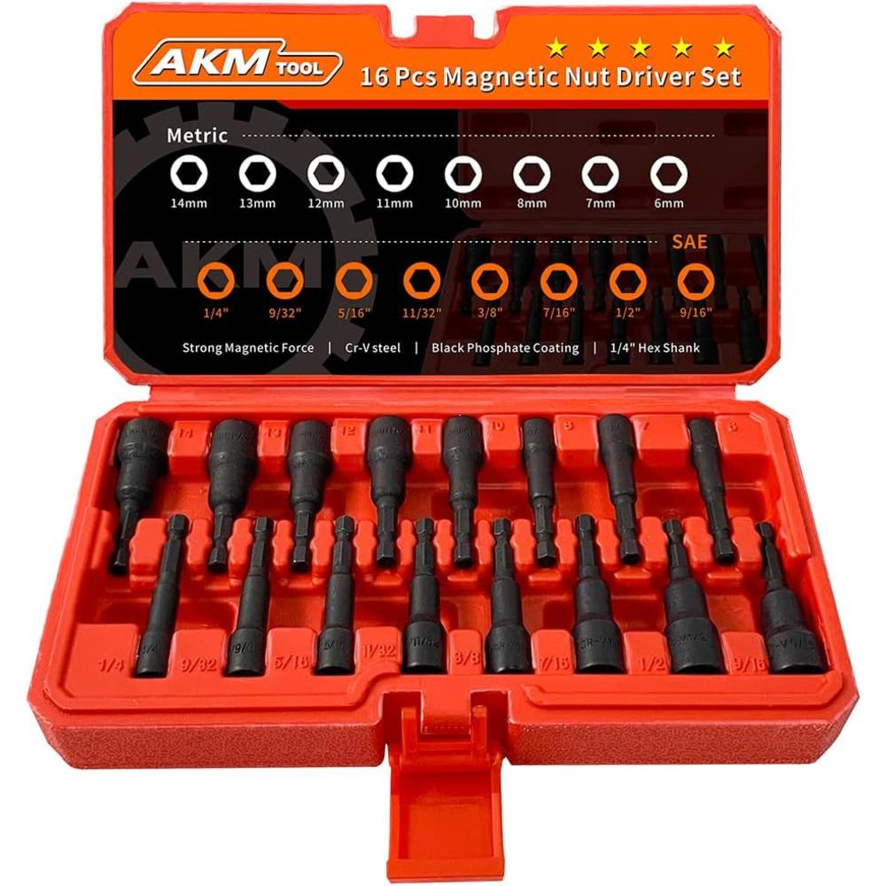 AKM TOOL Magnetic Nut Driver Set,  16-Piece Nut Driver Set for Impact Drill, Quick-Change 1/4" Hex Shank | SAE