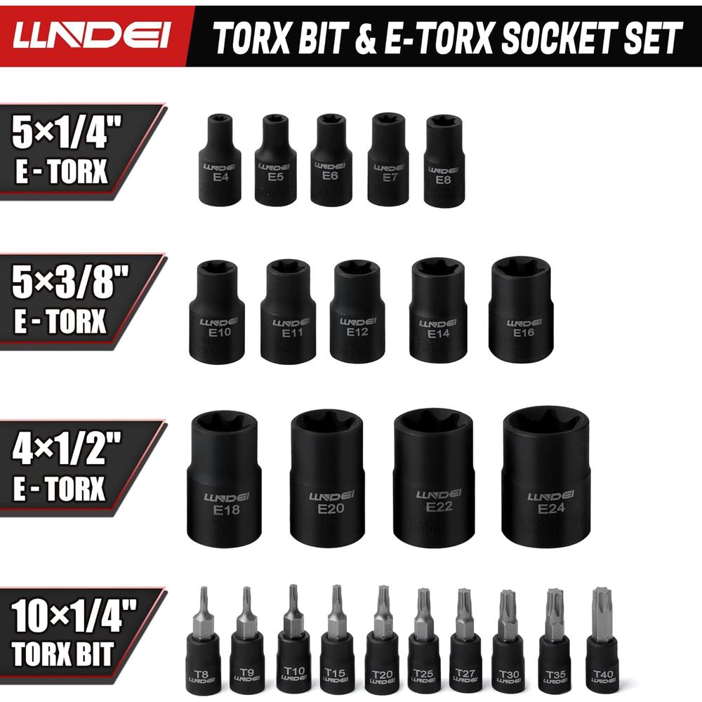 LLNDEI Torx Bit Socket and Female External Socket Set 24PCS,  10 Star Socket Bits (T8-T25)