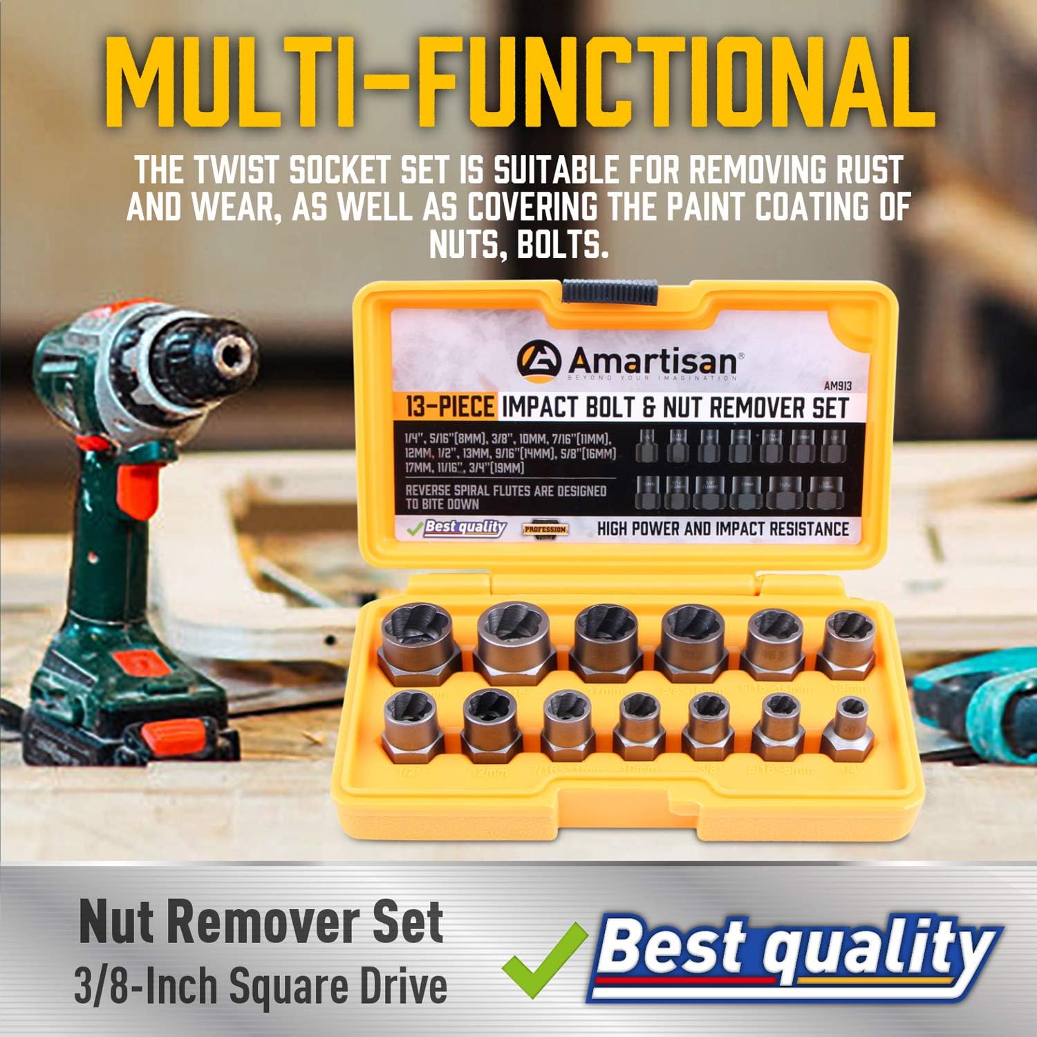 AMARTISAN Impact Bolt Extractor Tool, 13PC Bolt Nut Removal Extractor Socket Tool Set.