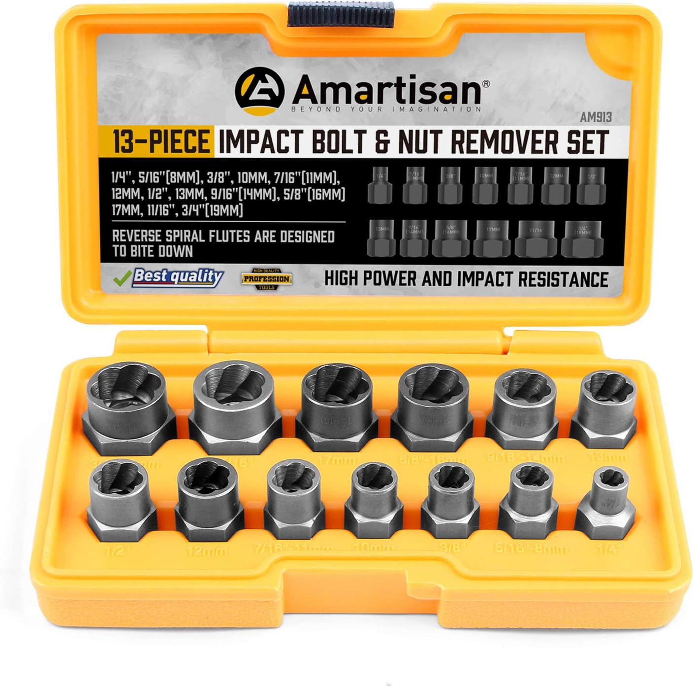 AMARTISAN Impact Bolt Extractor Tool, 13PC Bolt Nut Removal Extractor Socket Tool Set.