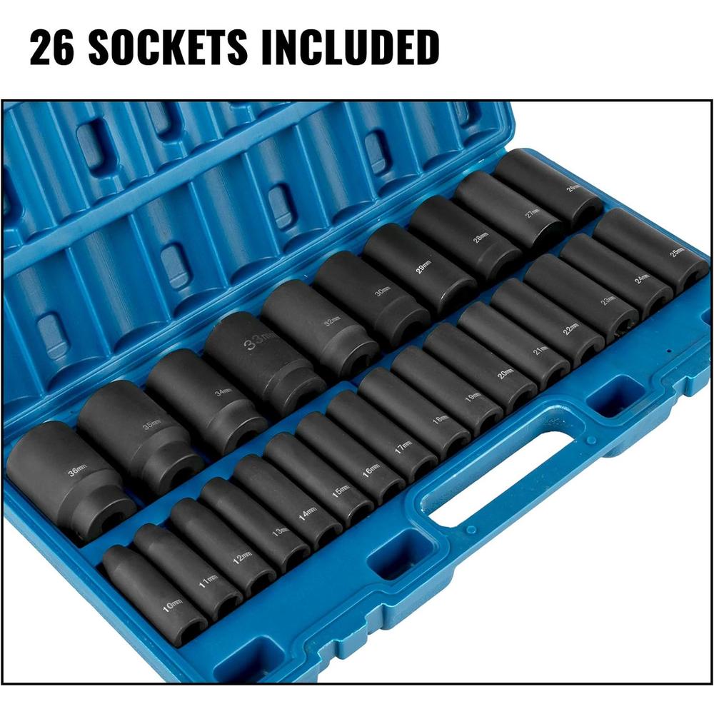 VEVOR Impact Socket Set 1/2 Inches 26 Piece Impact Sockets, Deep Socket, 6-Point Sockets, Rugged Construction, Cr-V, 1/2 Inches Drive