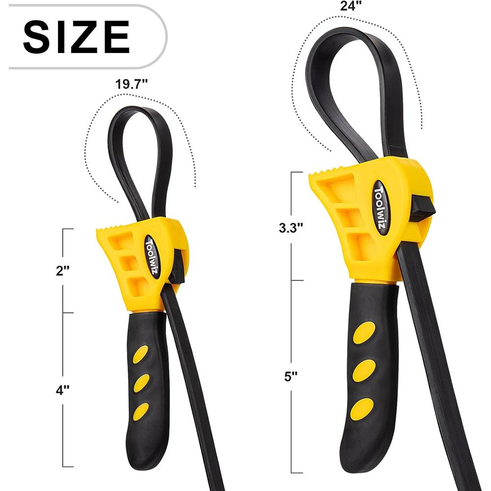 Toolwiz Strap Wrench Set, Upgrade 2pcs 24 in and 19.7 in Length Adjustable Oil Filter Wrench, Reinforced Rubber Pipe Wrench, Jar Opener