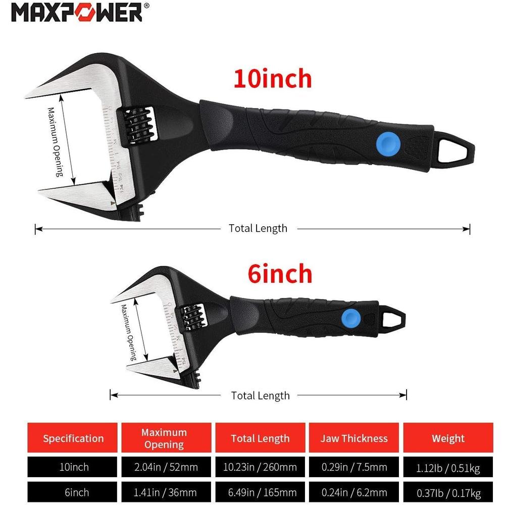 Maxpower Stubby Adjustable Wrench Deep Jaw Wide Opening, 6-Inch and 10-Inch Plumbing Wrench Set with Kitbag
