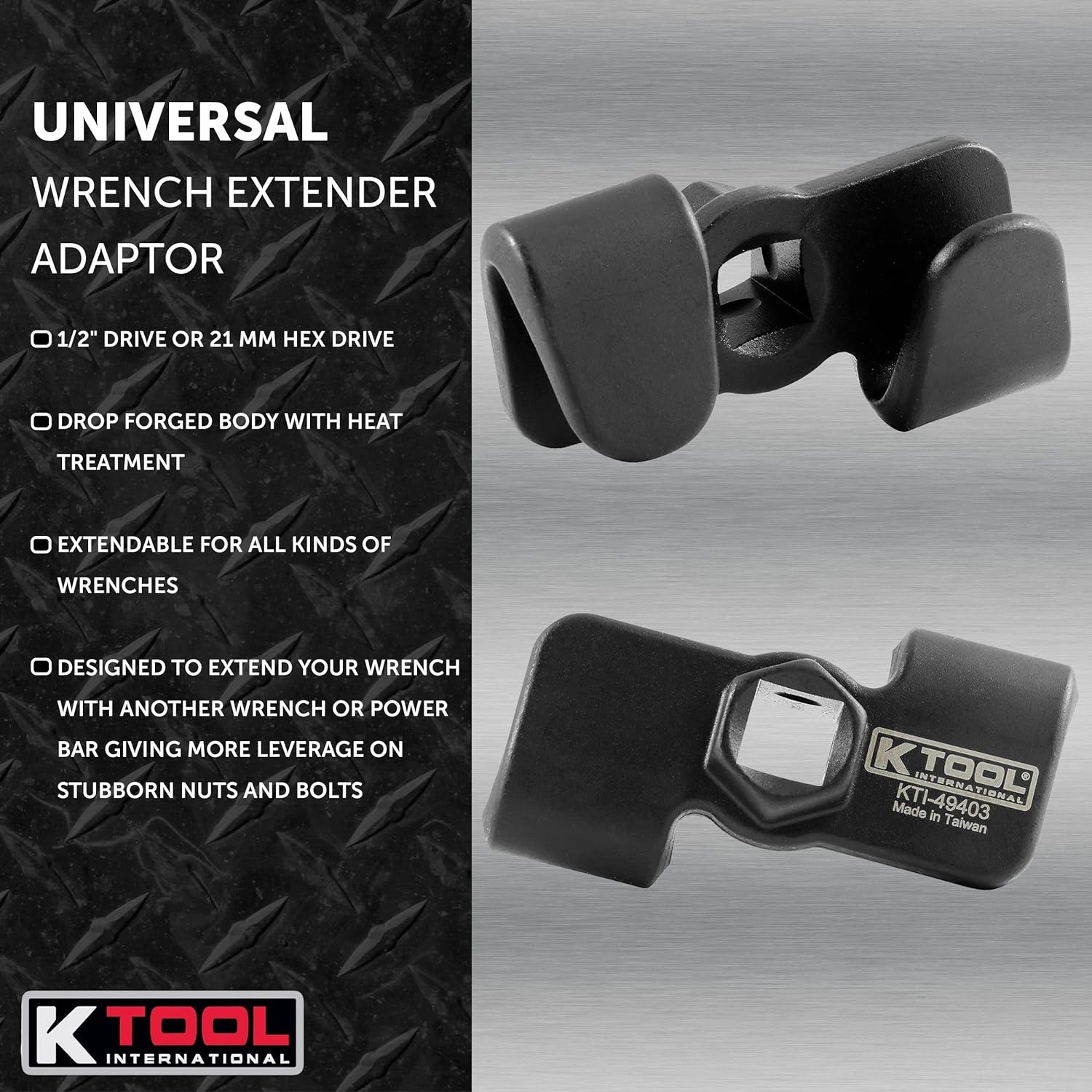 K Tool International Universal Wrench Extender Adaptor; 1/2 Inch Drive, Drop Forged Body w/Heat Treatment, Extendable for More Leverage on Stubborn