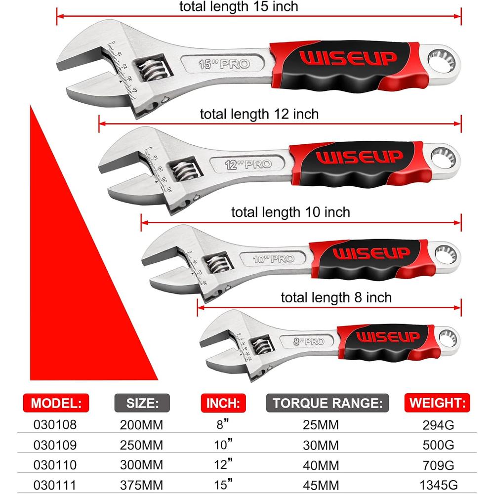 WISEUP Adjustable Wrench 8 Inch Wide Jaw Professional CrV With