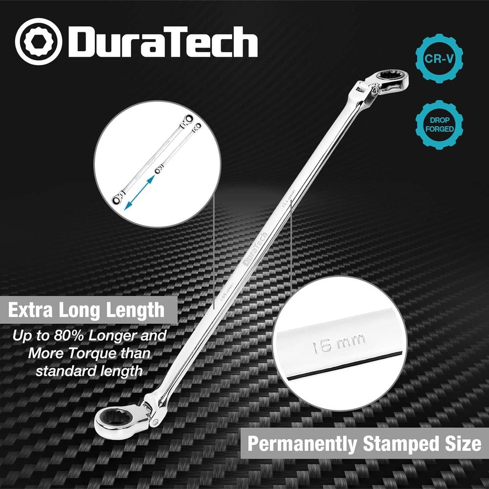 LONGYOU YIYANG IMPORT AND EXPO DURATECH Extra Long Flex-Head Double Box End Ratcheting Wrench Set, Metric, 6-Piece, 8-19mm, CR-V Steel, with Pouch