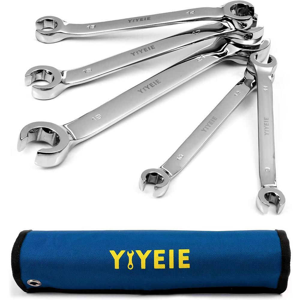 YIYEIE Flare Nut Wrench Set, 5 Pcs Metric Line Wrenches 9, 10, 11, 12, 13, 14, 15, 17, 19, 21 mm, Chrome Vanadium Steel with Mirror Po