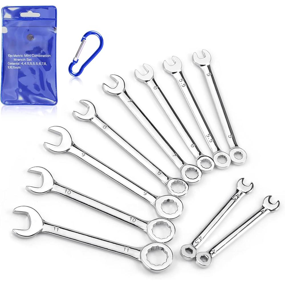 LEONTOOL Small Wrench Set Metric 4mm To 11mm Open End And Box End Spanner 10 Pcs Ignition Wrench Set with Carabiner Clip Mini Wrench Set