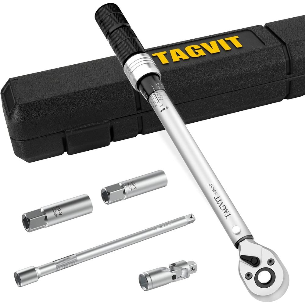 TAGVIT 3/8 Inch Drive Click Torque Wrench Set, (5-45 ft.-lb./6.8-61.2Nm) Dual Direction Adjustable Torque Wrench with Spark Plug Socke