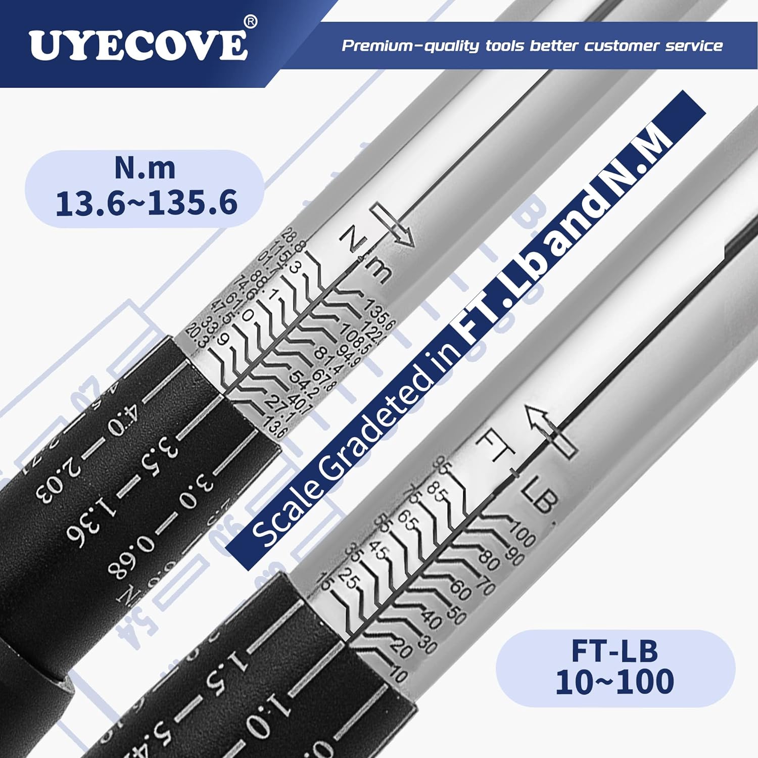 UYECOVE 3/8-Inch Drive Click Torque Wrench 4 Pcs Set, 10~100FT/13.6-135.6N.m, with 3/8'' extention bar, 3/8'' to 1/2'' adaptor and 3/8'