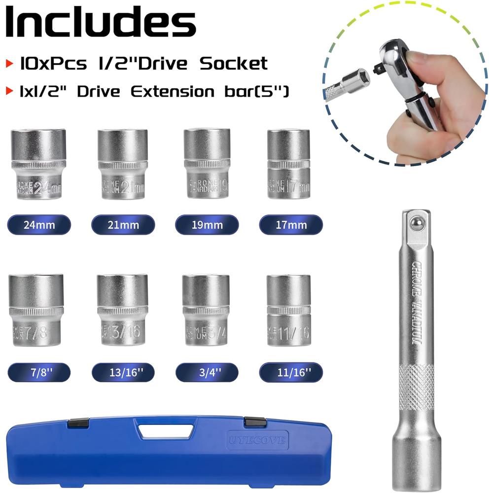 UYECOVE 1/2-Inch Drive Click Torque Wrench Set, 25-250 FT-LB/33.75-337.5Nm, Dual-Direction Adjustable 72-Tooth 1/2" Torque Wrench