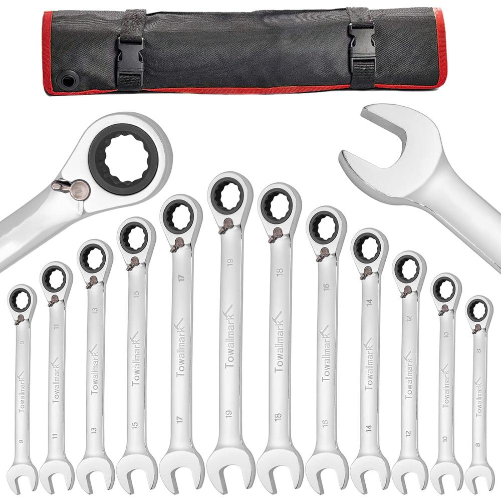 towallmark 12-Piece Reversible Ratcheting Combination Wrench Set, Metric,8mm-19mm, Chrome Vanadium Steel Ratchet Wrenches Set with Rolling