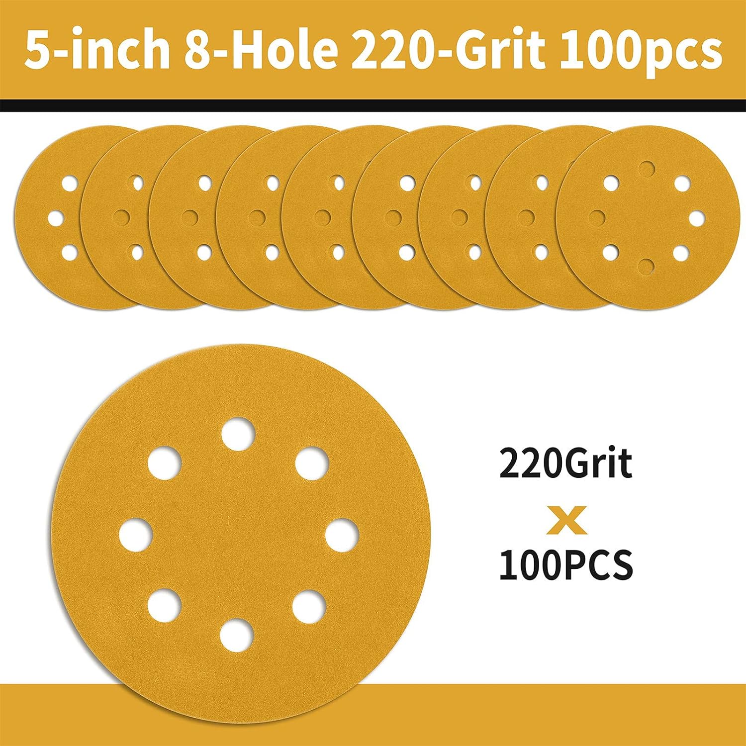 keeimp 100 Pcs 5 Inch Sanding Discs Hook and Loop, 220 Grit Sandpaper for Woodworking or Automotive, 8 Hole Gold Premium Dustless Rand