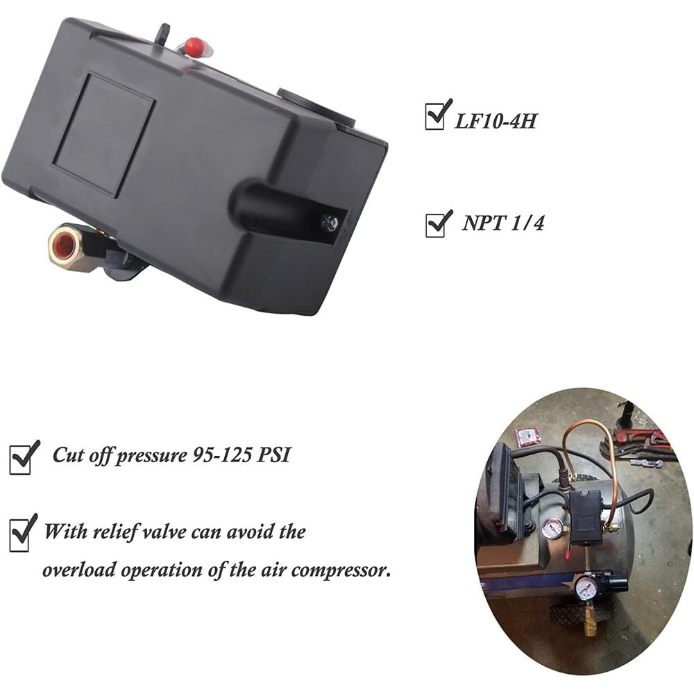 ketofa LF10-4H Pressure Switch, 4 Port Air Compressor Pressure Switch Replacement Control NPT1/4 95-125 PSI 20A