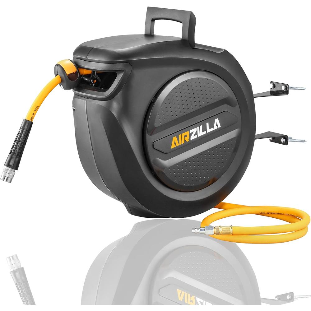 AIRZILLA Retractable Air hose reel 3/8" Inch x 50 ft Flex Hybrid Air Hose, Air compressor Hose Reel with 6 ft Lead in, Quick Connec