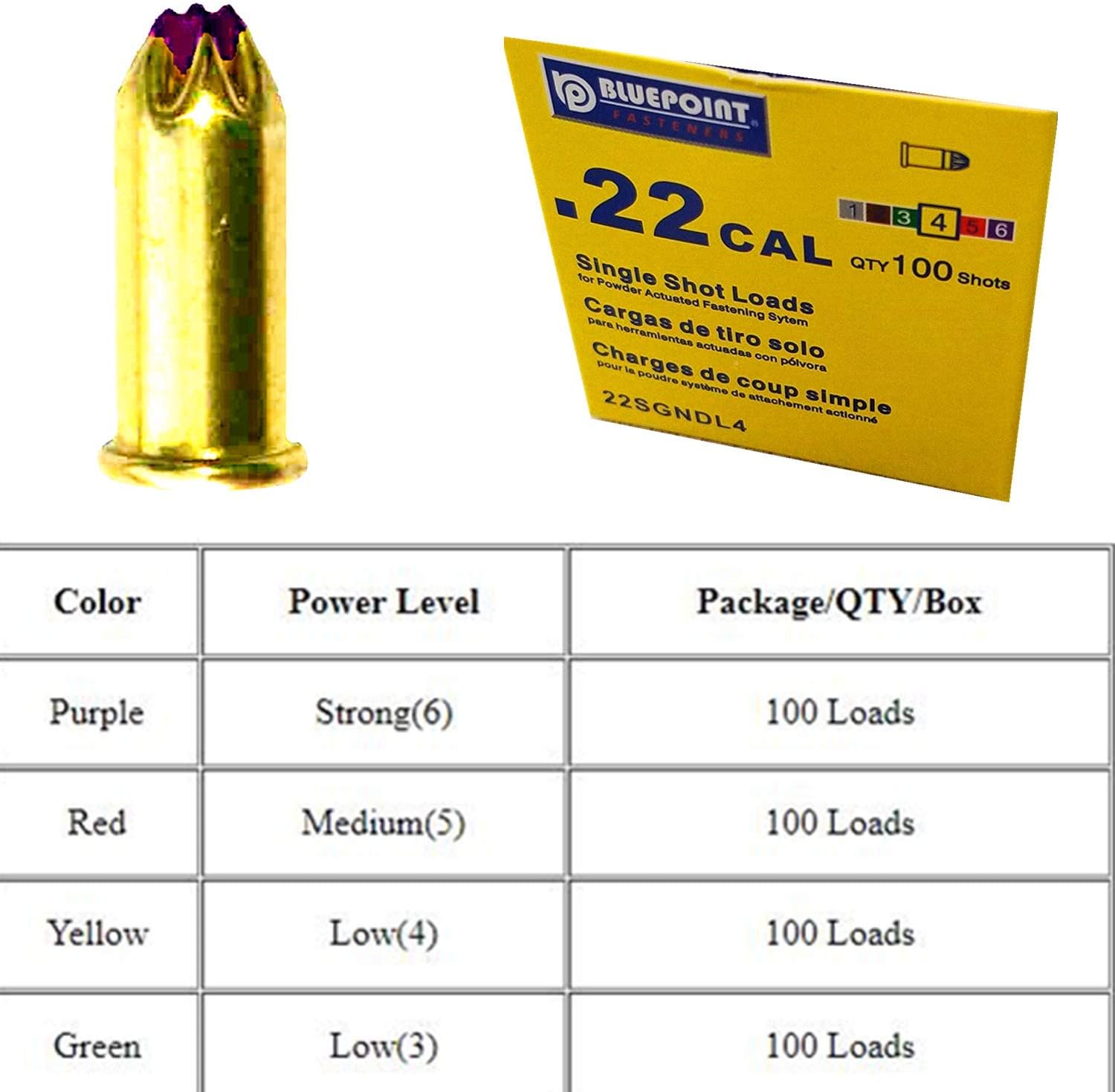 Blue Point 0.22 Caliber Purple Single Shot Powder Loads, High Velocity Strong Power Fasteners Power Loads (100-Count) (Level 6)