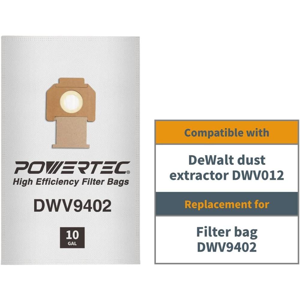 Powertec 75029 Fleece Filter Bags for DeWalt DWV9402 Fits DWV012/ DWV010 Dust Extractors, 5PK