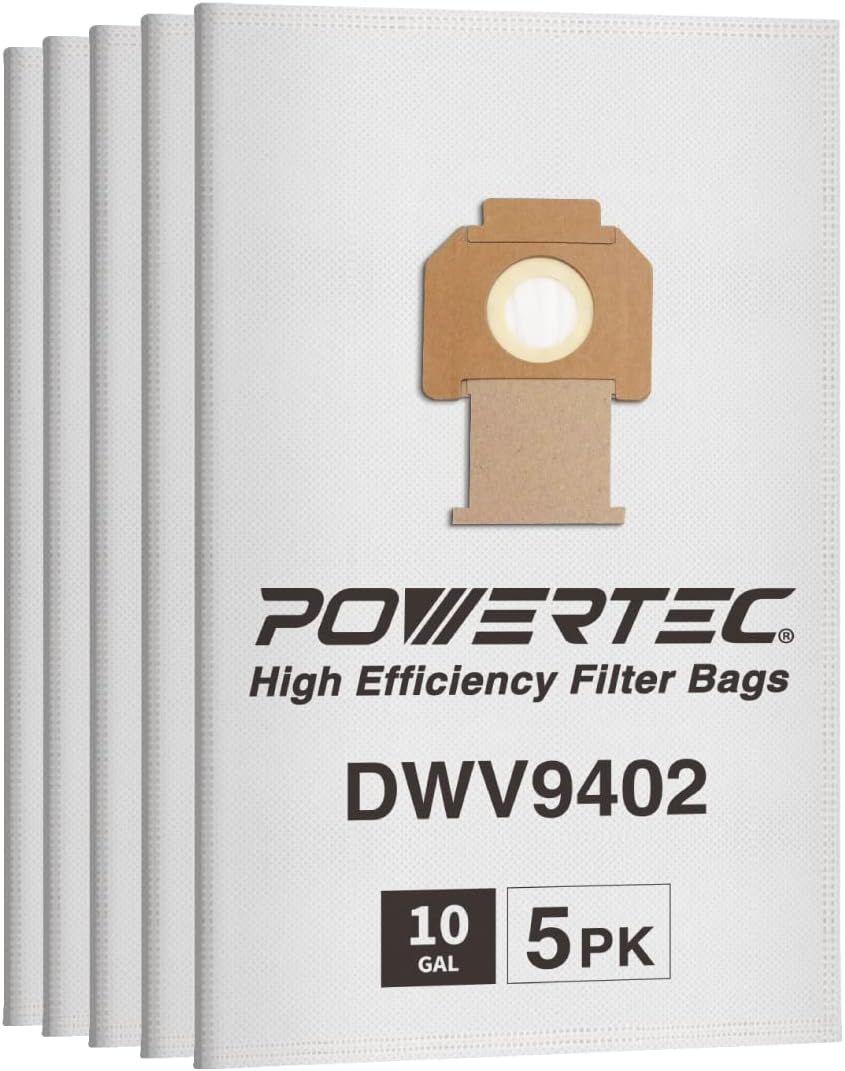 Powertec 75029 Fleece Filter Bags for DeWalt DWV9402 Fits DWV012/ DWV010 Dust Extractors, 5PK