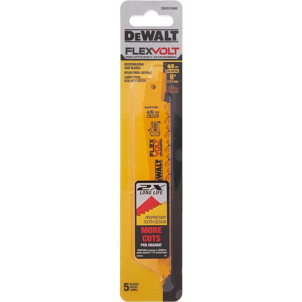 DEWALT DWAFV466 FLEXVOLT 6 TPI Recip Blade (5 Pack), 6"