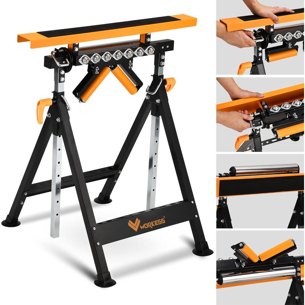 WORKESS 4 in 1 Roller Stand, Stable 440 Lbs Load Capacity with Saw Horses, V-Shaped, Multi-Directional Rollers