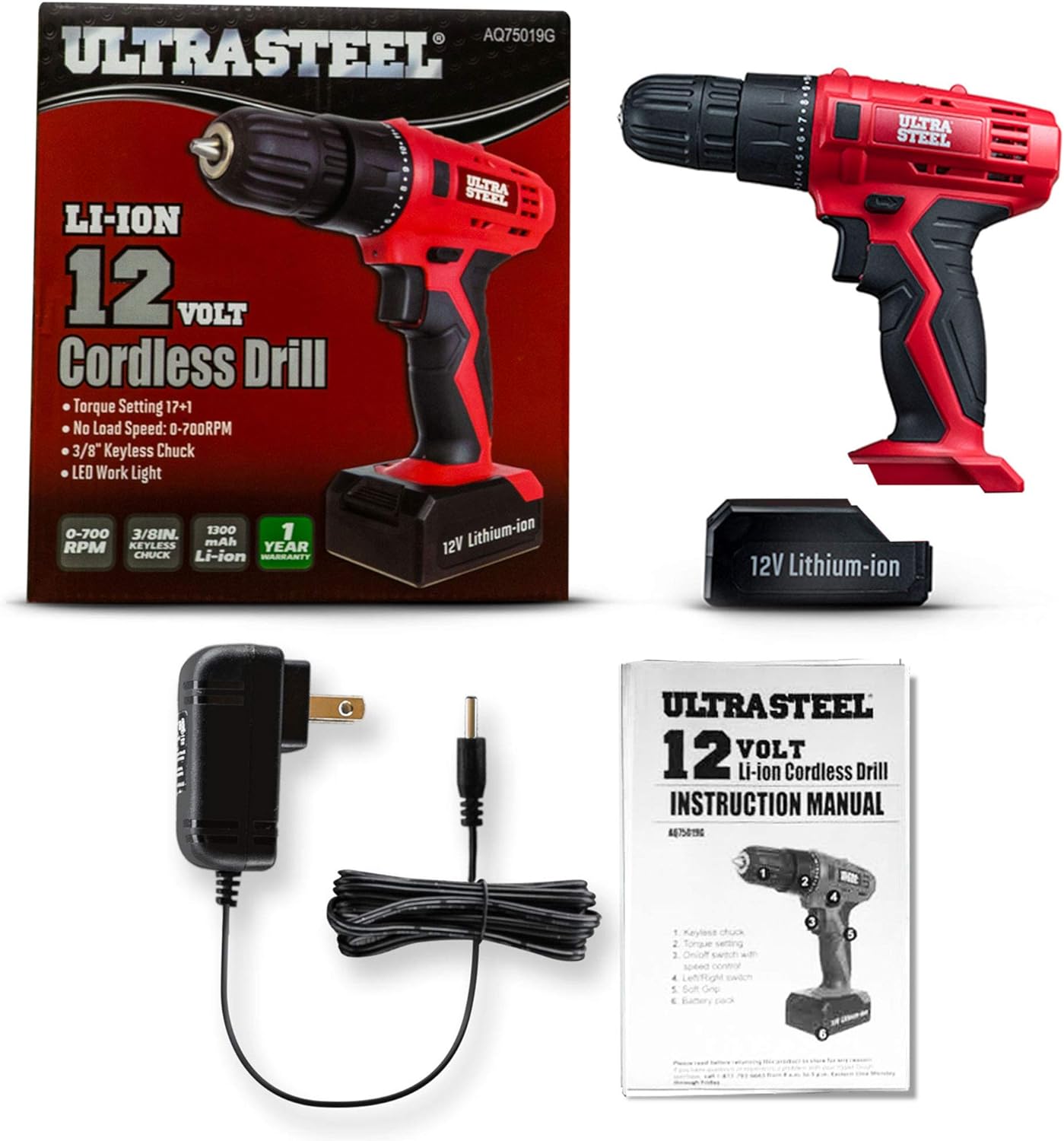 Ultra Steel 12V 1.3Ah Lithium-Ion 3/8&#226;&#128;&#157; Cordless Drill Driver, 18+1 Position, LED Light, Keyless Chuck, 1-Year