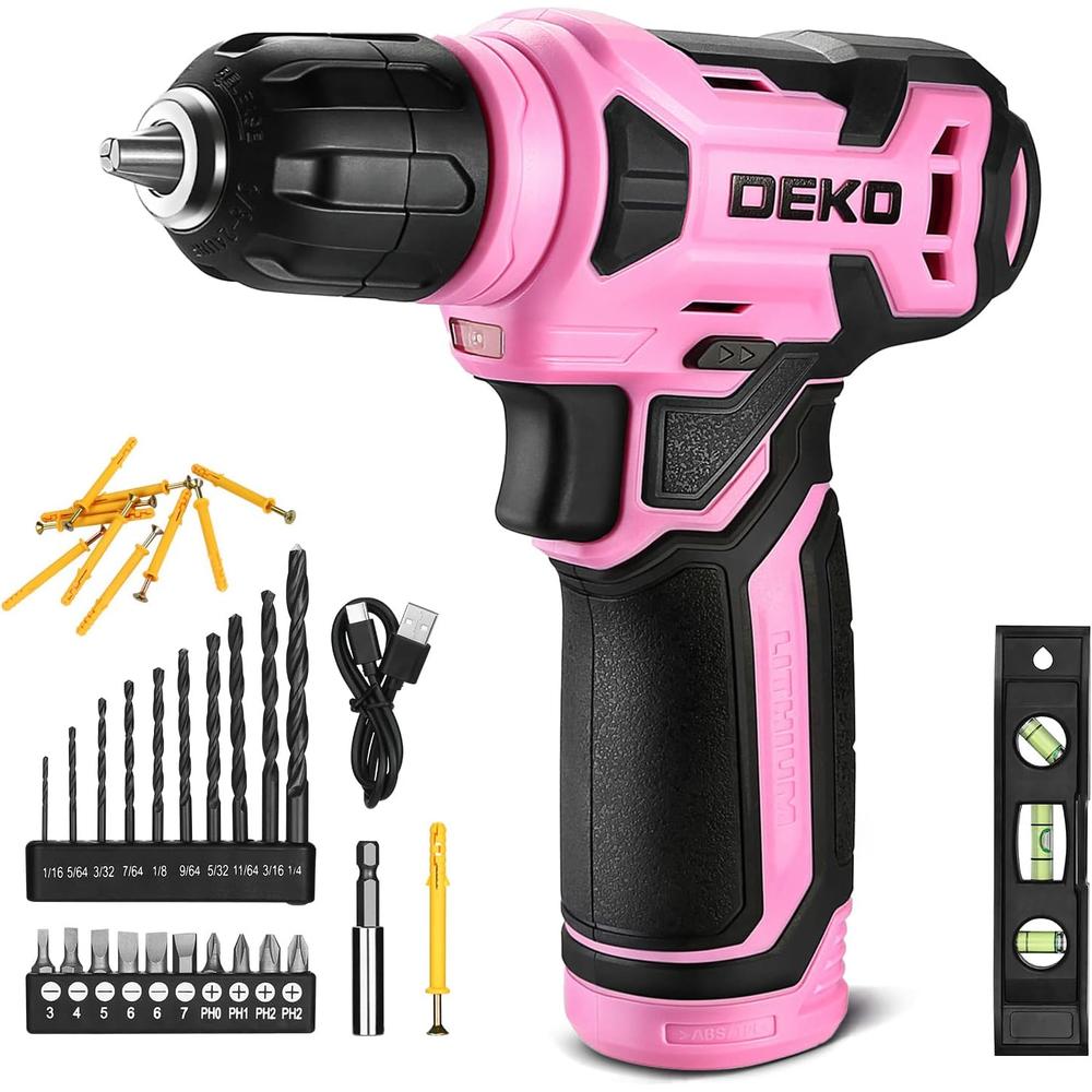 DEKOPRO DEKO 8V Cordless Drill, Drill Set with 3/8"Keyless Chuck, 42pcs Acessories, Built-in LED, Type-C Charge Cable, Pink Power